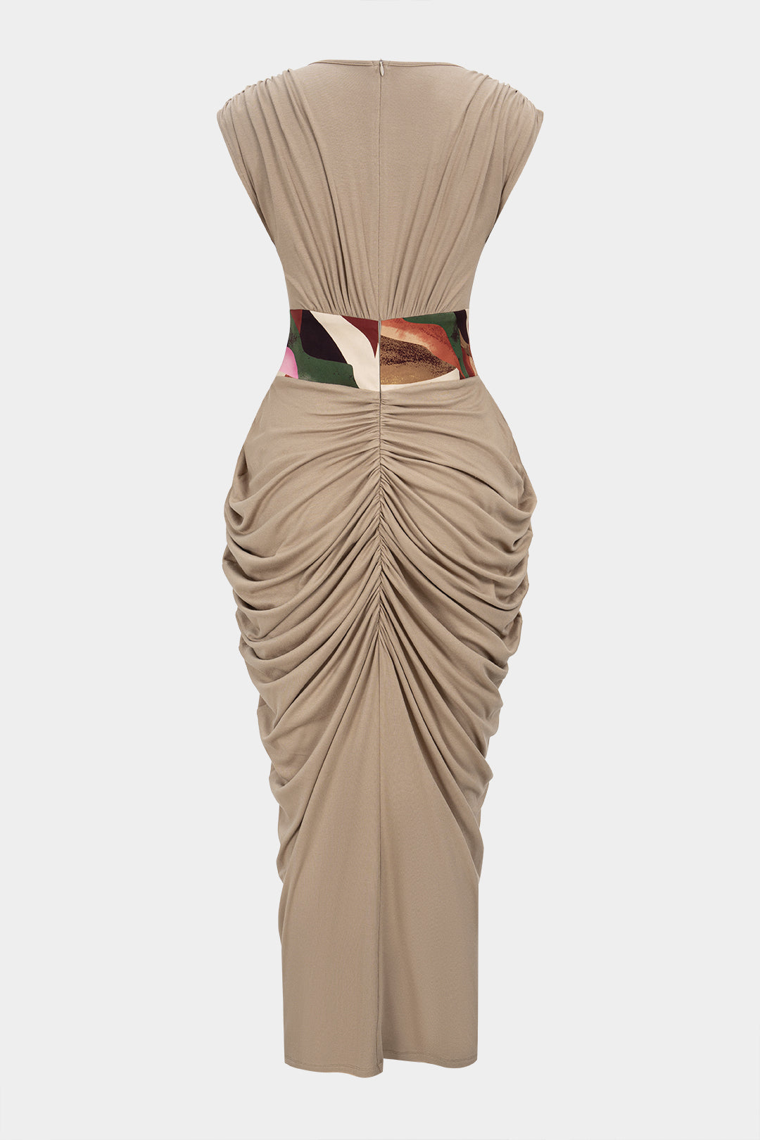 Abstract Print V-Neck Ruched Zipper Sleeveless Maxi Dress