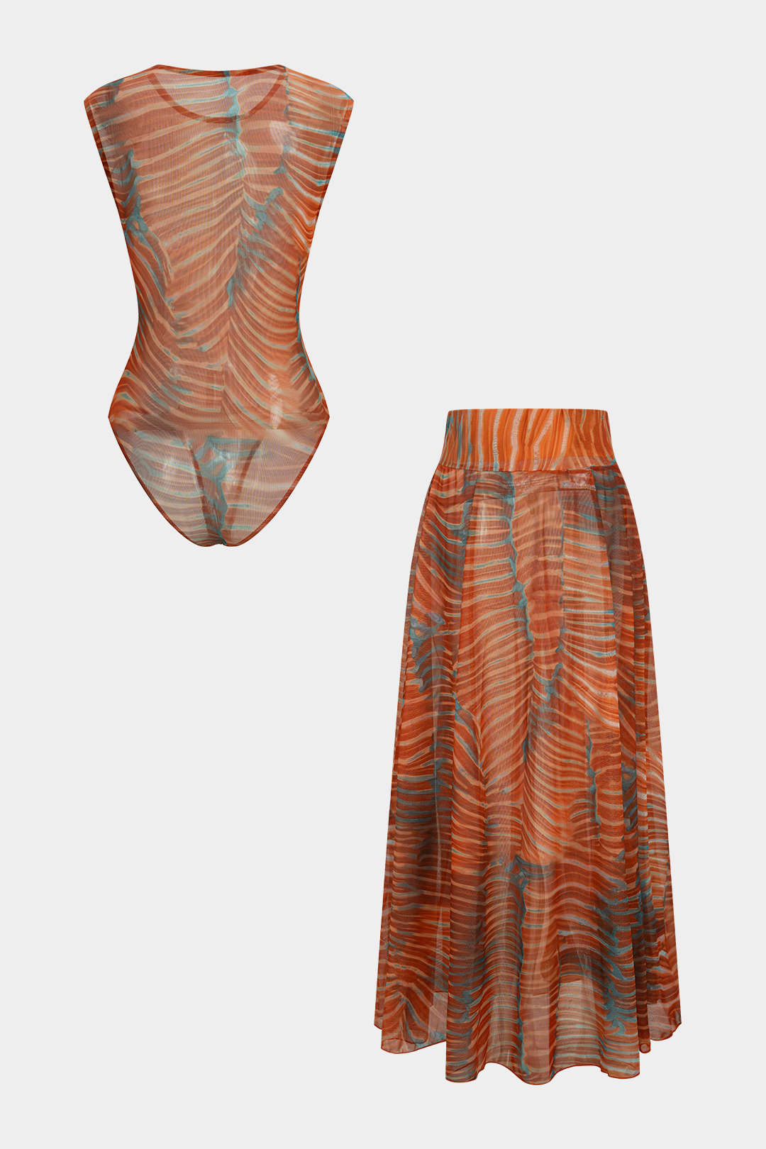 Abstract Print Mesh Sleeveless Bodysuit And Ruched Skirt Set