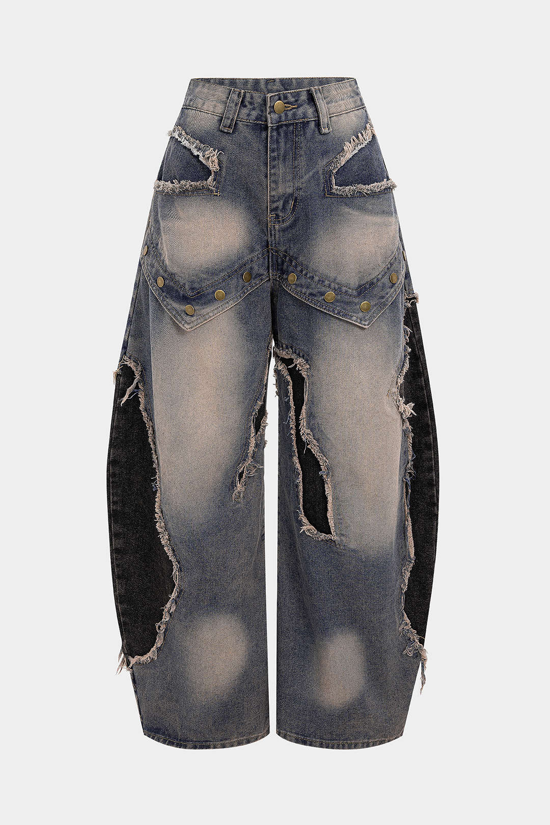 Denim Patchwork Frayed Rivets Straight-Leg Jeans
