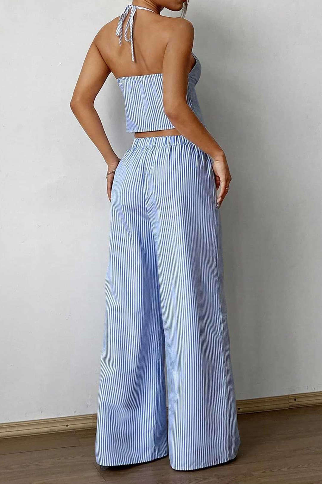 Stripes Print Halter Neck Tie-Up Cami Top And Wide Leg Pants Set