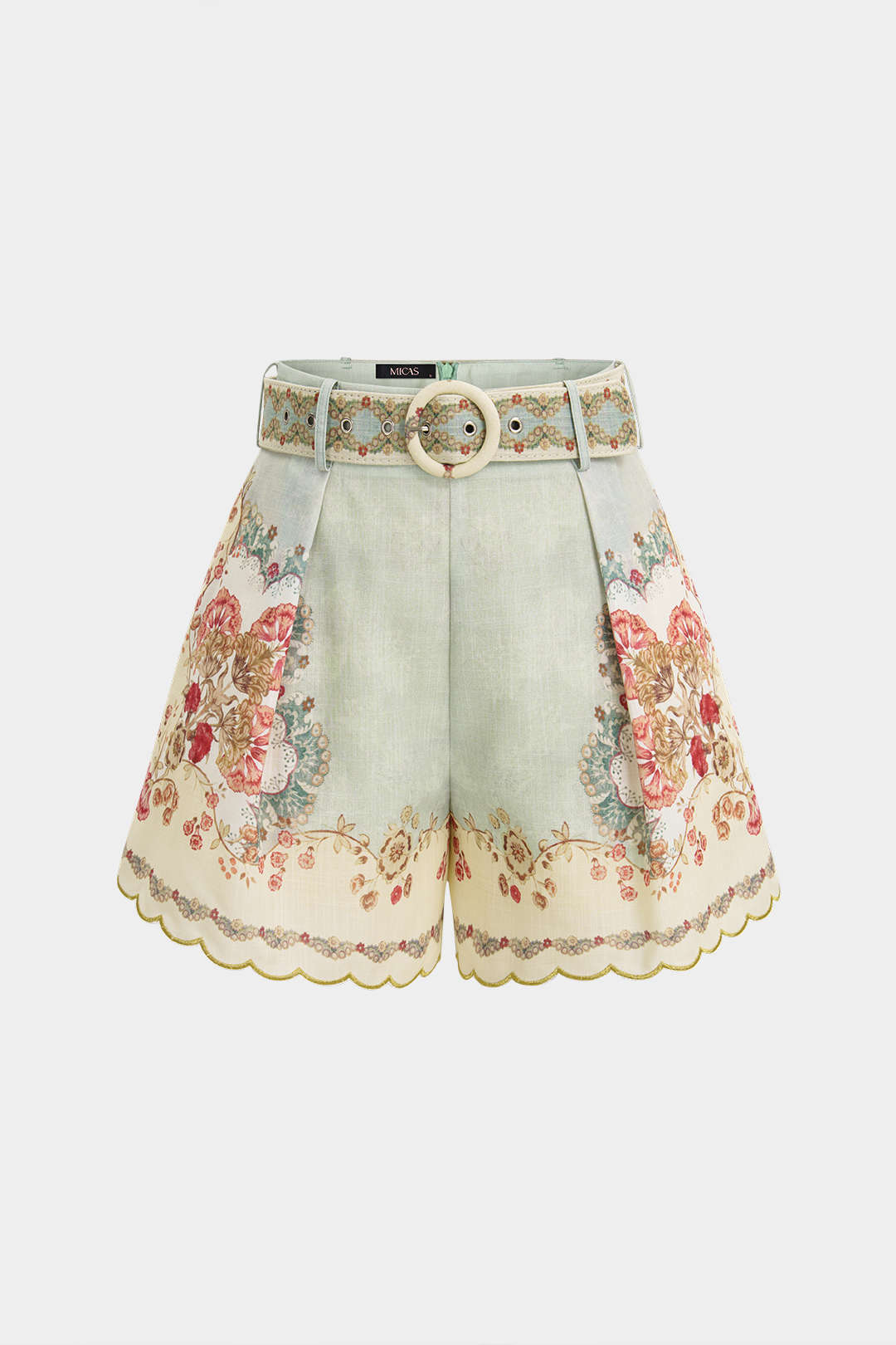 Floral Print Linen Patchwork Belted Pocket High Waist Shorts