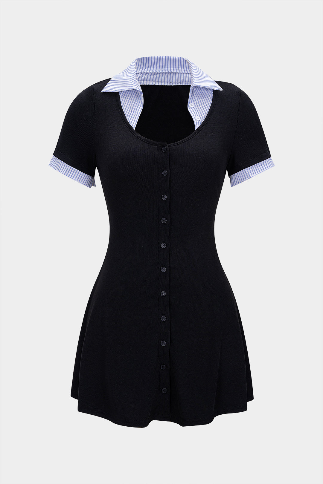 Striped Contrast Round Neck Button Short Sleeve Mini Dress
