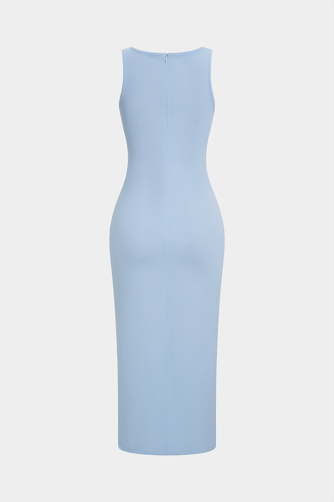U-Neck Metallic Asymmetrical Ruched Zipper Sleeveless Midi Dress