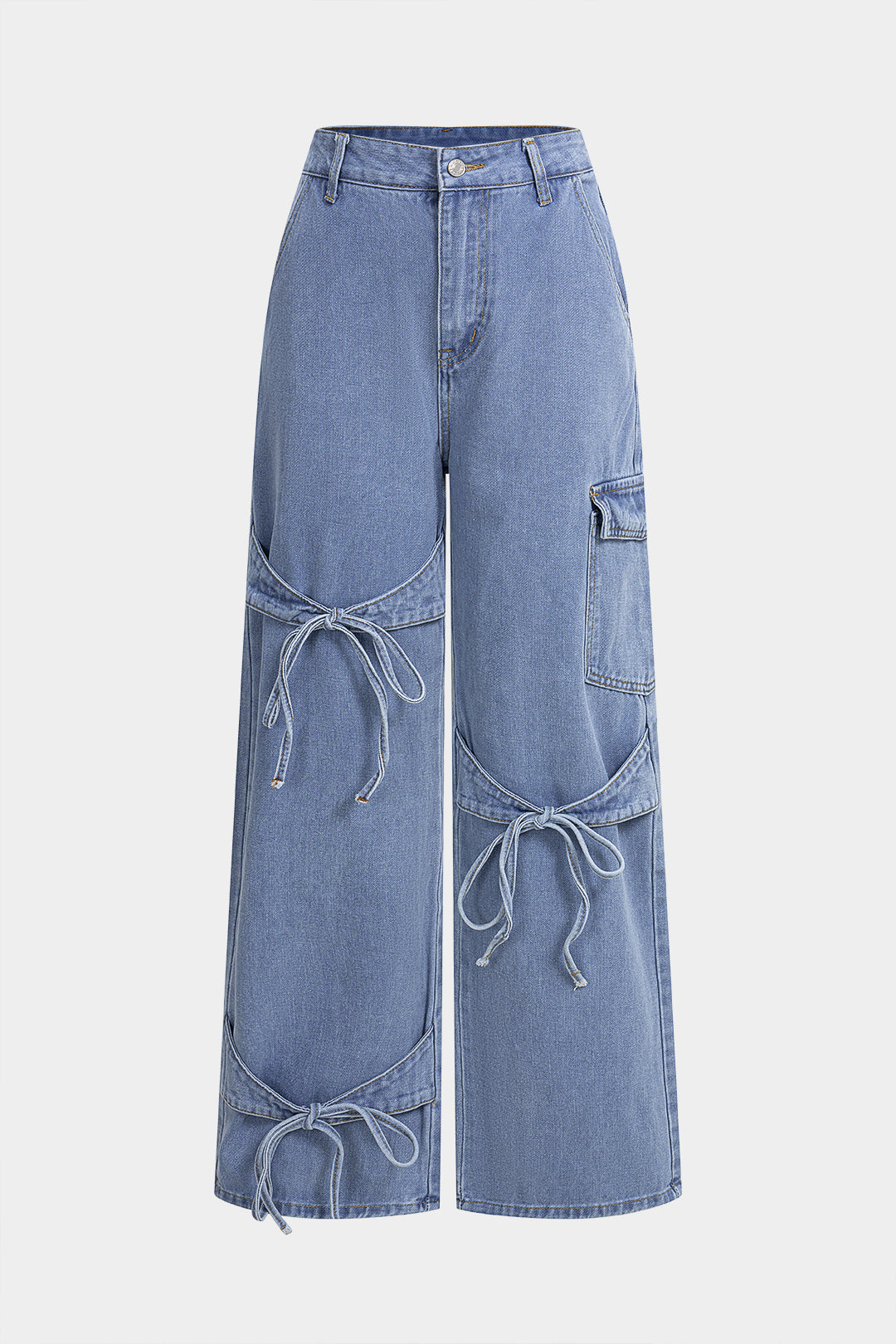 Denim Bow Tie-Up Straight Leg Jeans