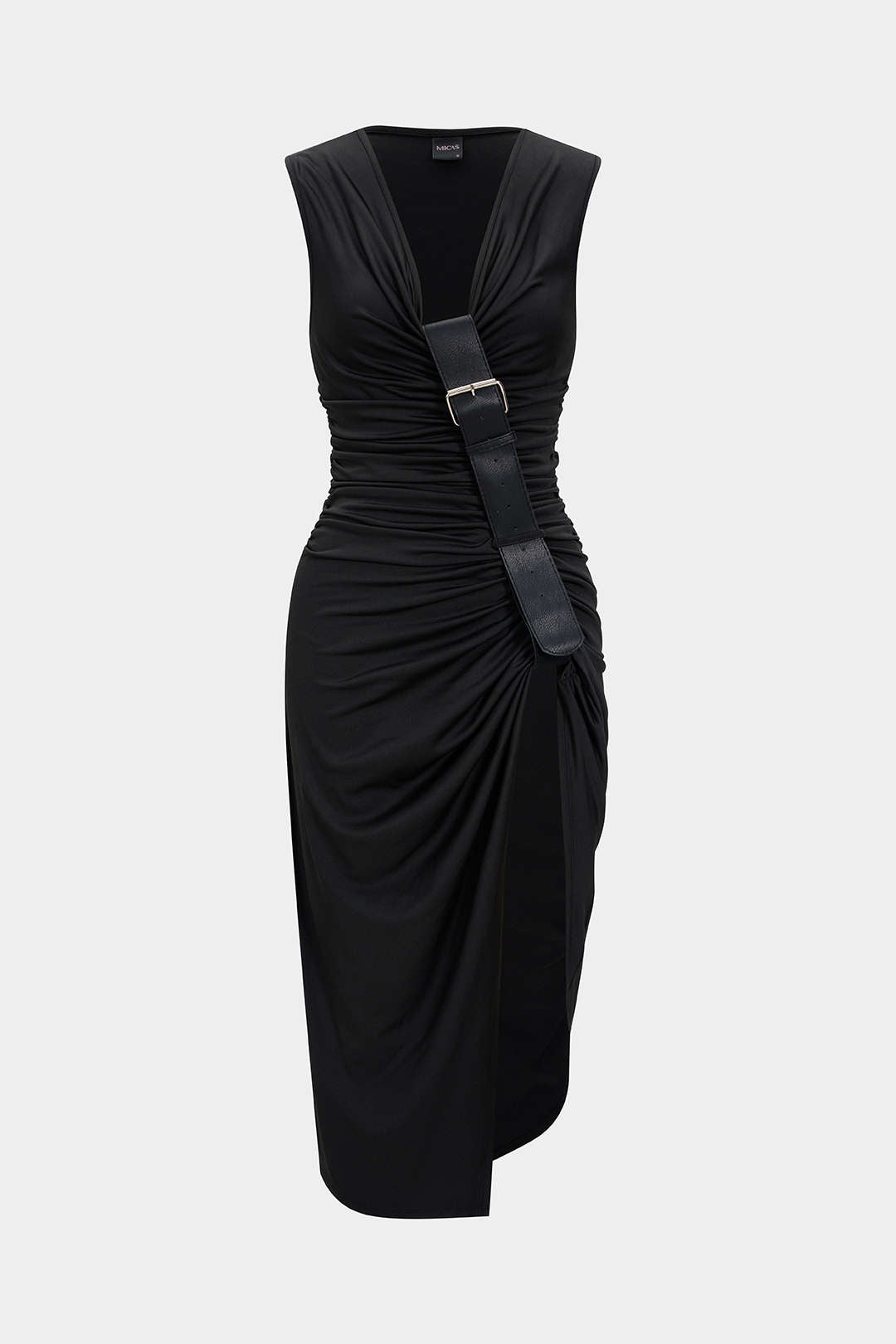 Ruched V-Neck Slit Asymmetrical Sleeveless Midi Dress