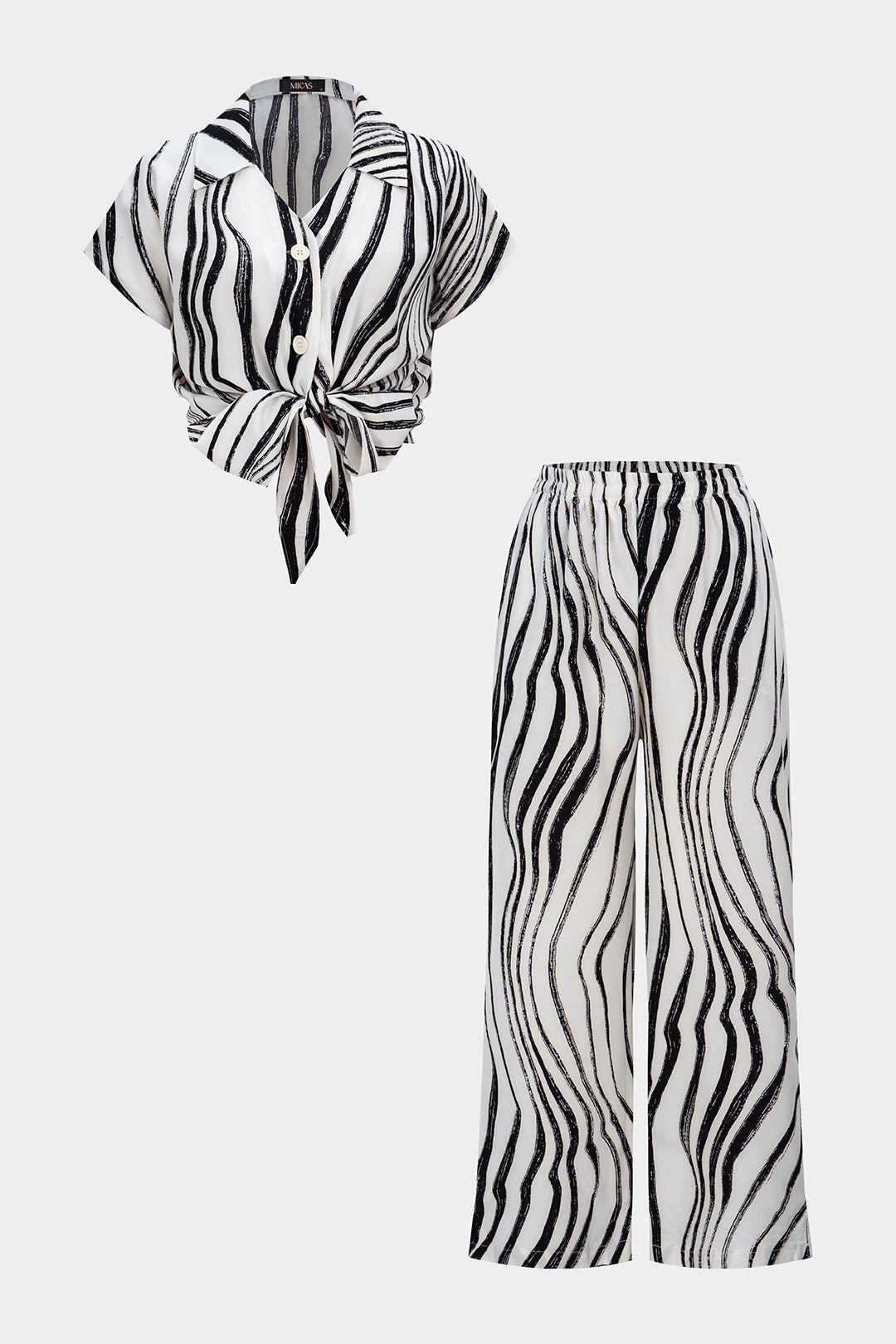 Contrast Stripes Print Button Shirt And Wide Leg Pants Set