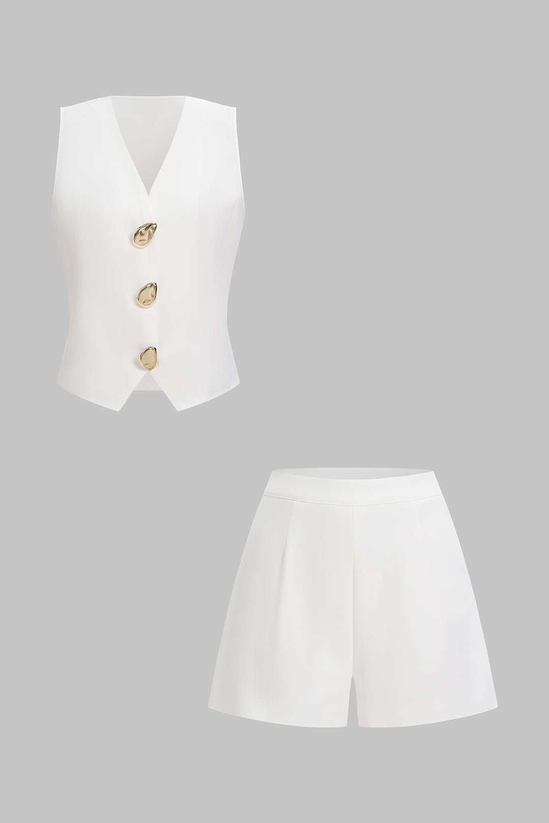 V-Neck Metallic Button Vest And Wide Leg Shorts Set