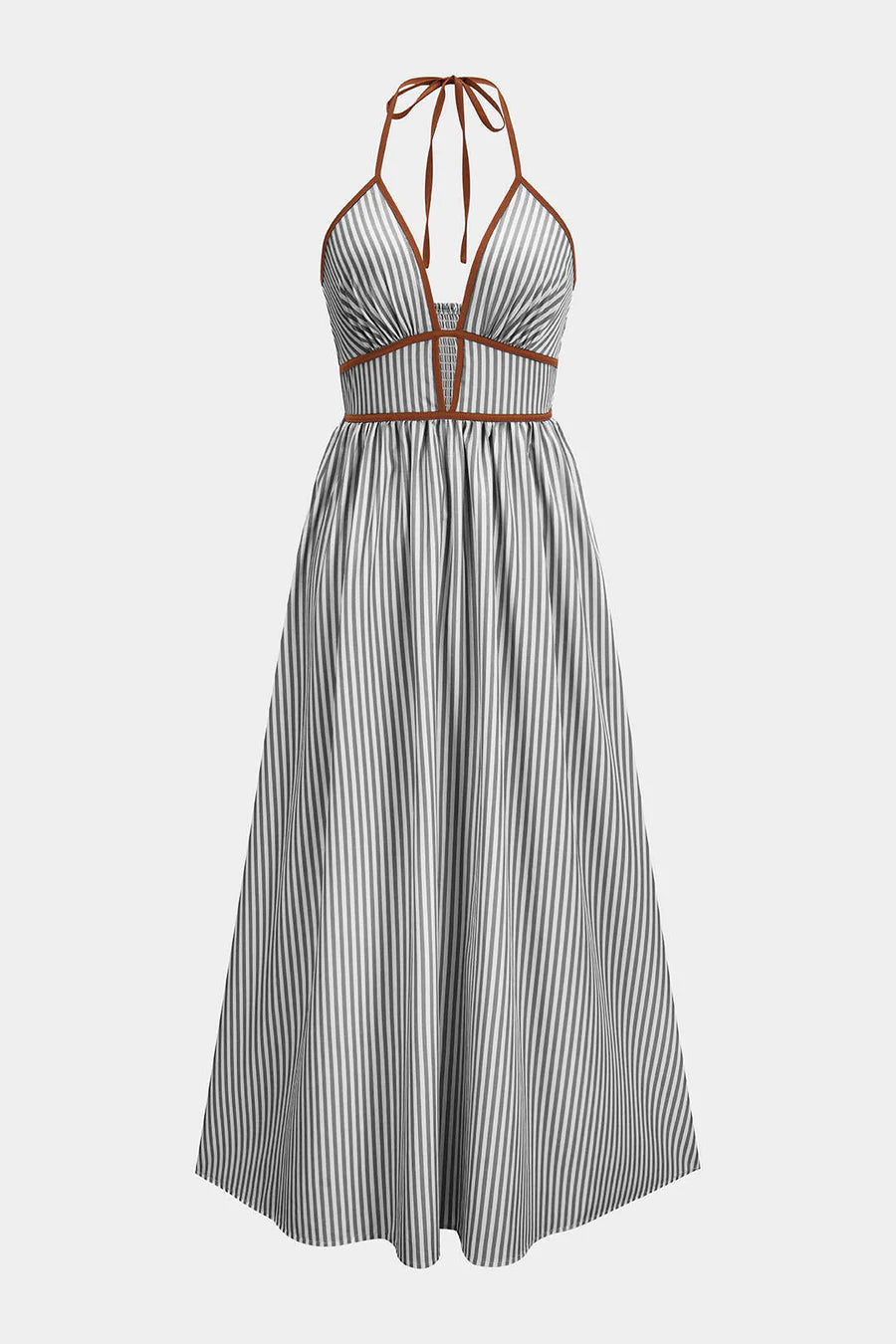 Contrast Stripes Print V-Neck Halter Neck Sleeveless Maxi Dress