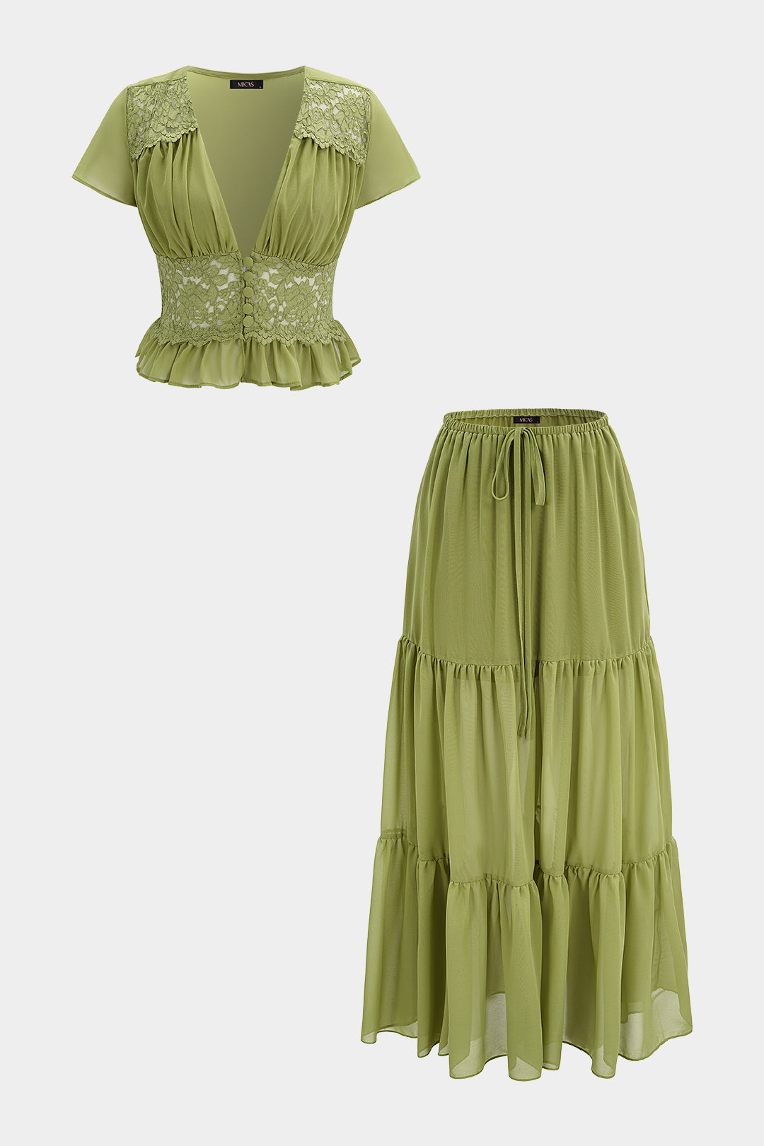 Chiffon Patchwork Lace V-Neck Ruched Top And Tie-Up Skirt Set