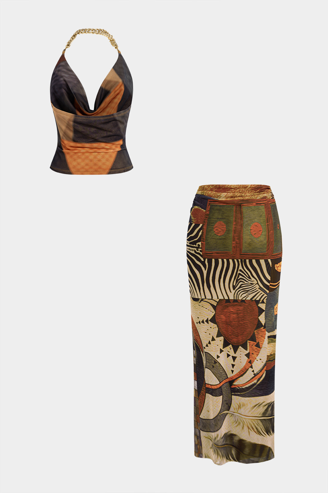 Geometric Print Mesh Metallic Chain Halter Draped Cowl Neck Top And High Waist Skirt Set