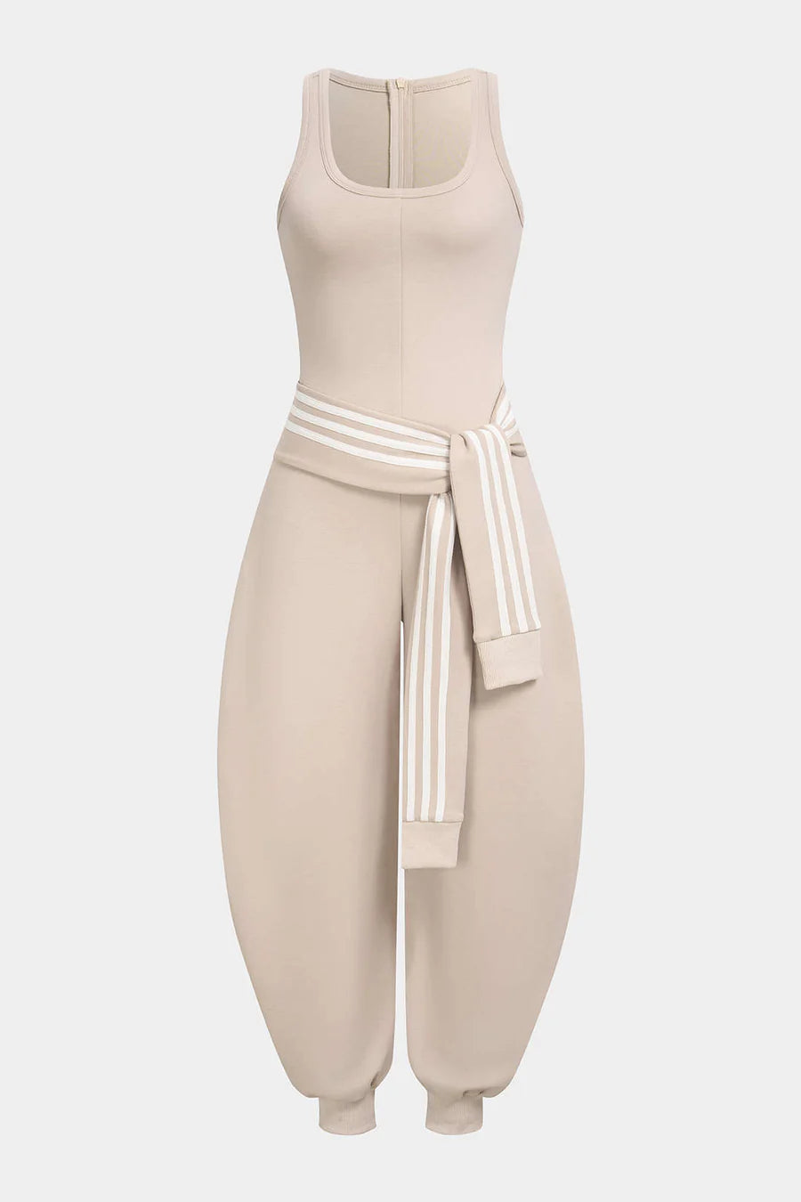 U-Neck Contrast Striped Tie-Up Zipper Barrel Jumpsuit