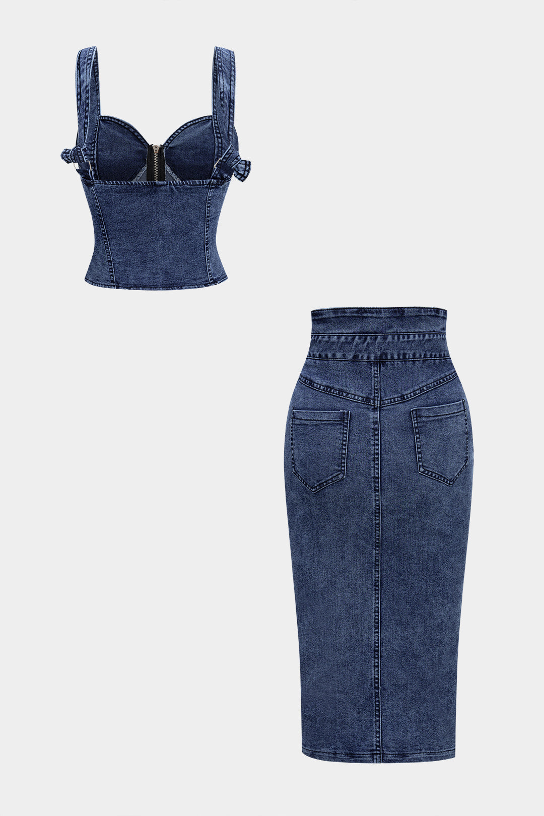 Denim Zipper Cami Top And Pocket Button Skirt Set