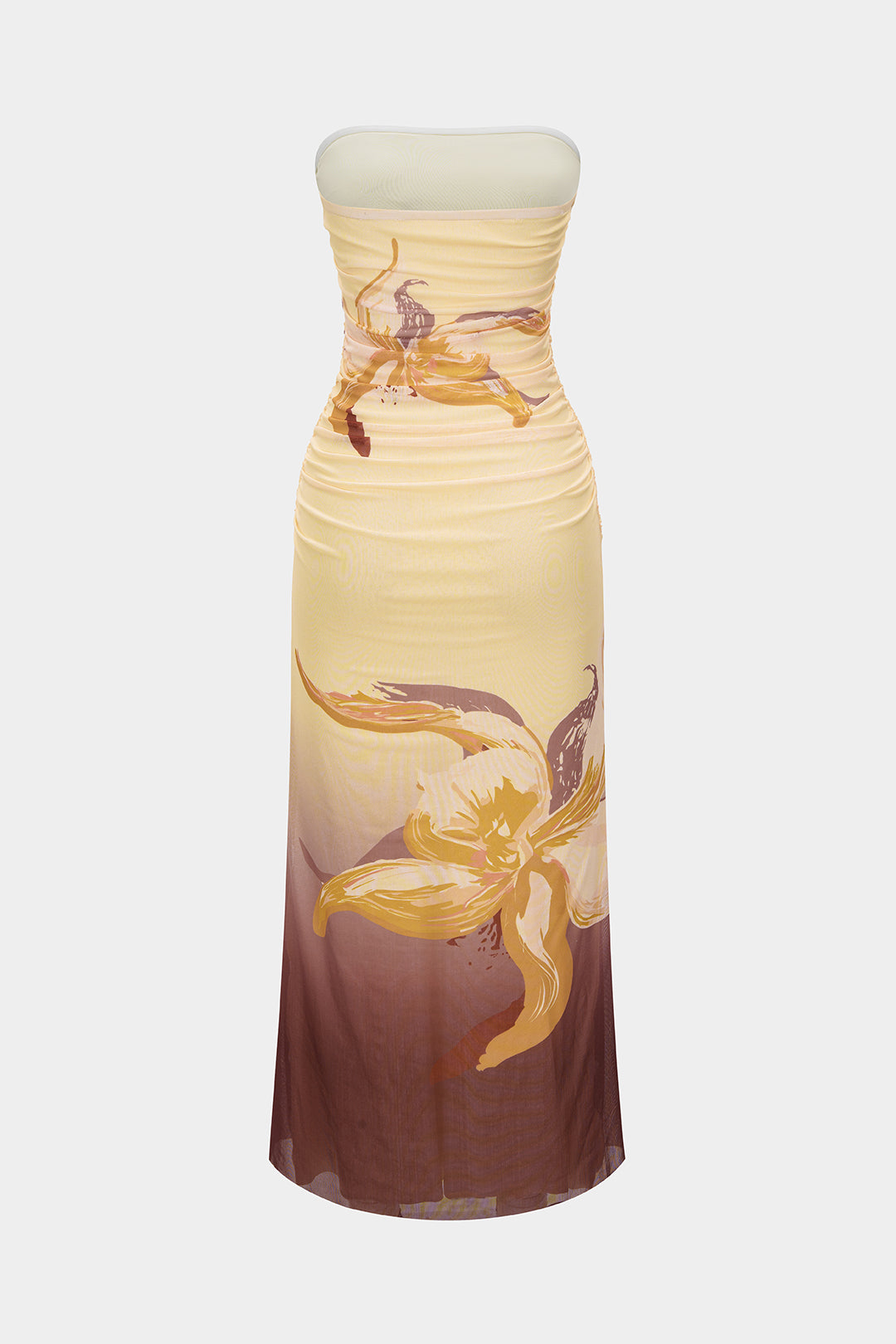 Floral Print Mesh Ruched Strapless Sleeveless Midi Dress