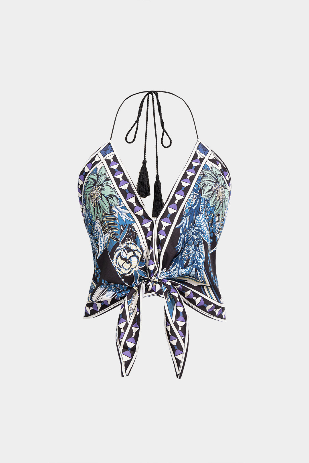 Geometric Leaves Print Halter V-Neck Tie-Up Cami Top