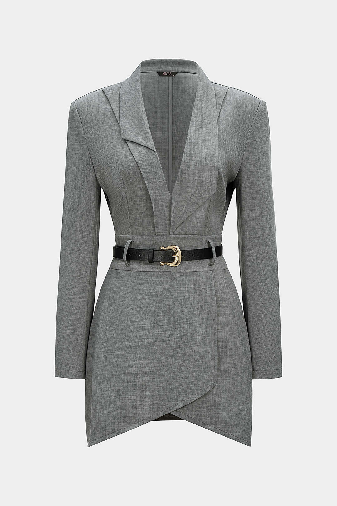 Asymmetrical Notched Lapel Belted Long Sleeve Mini Dress