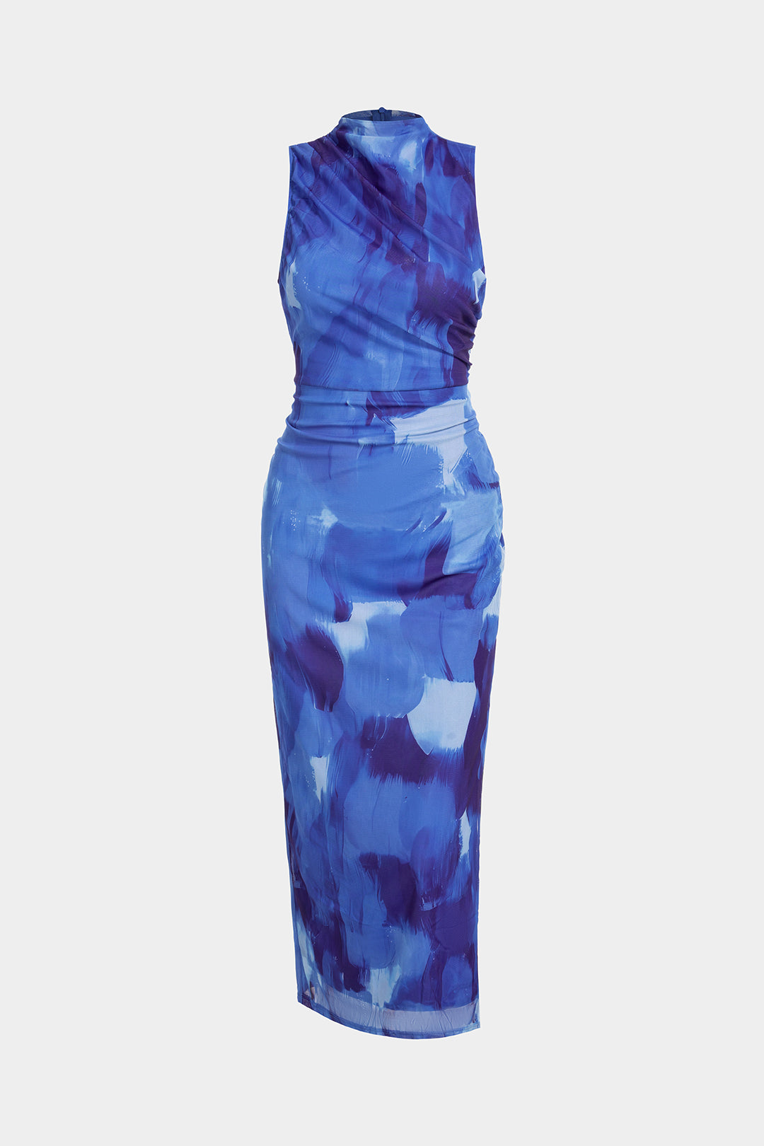 Artistic Print Mock Neck Ruched Sleeveless Maxi Dress