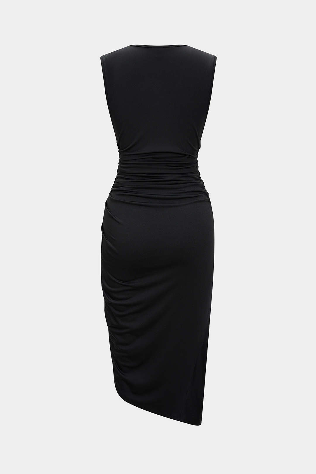 Ruched V-Neck Slit Asymmetrical Sleeveless Midi Dress
