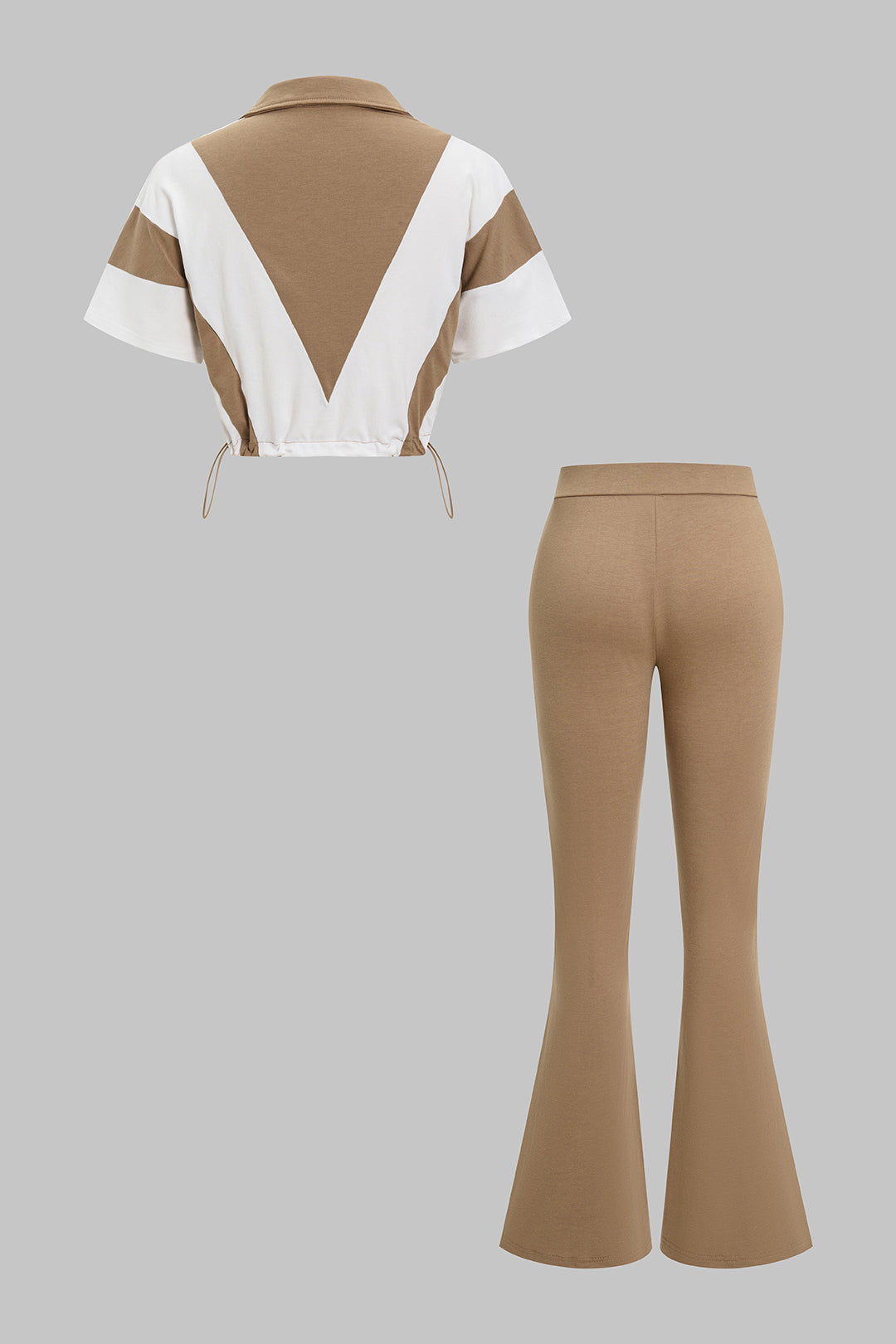 Contrast Print Lapel Drawstring Short Sleeve Top And Pants Set