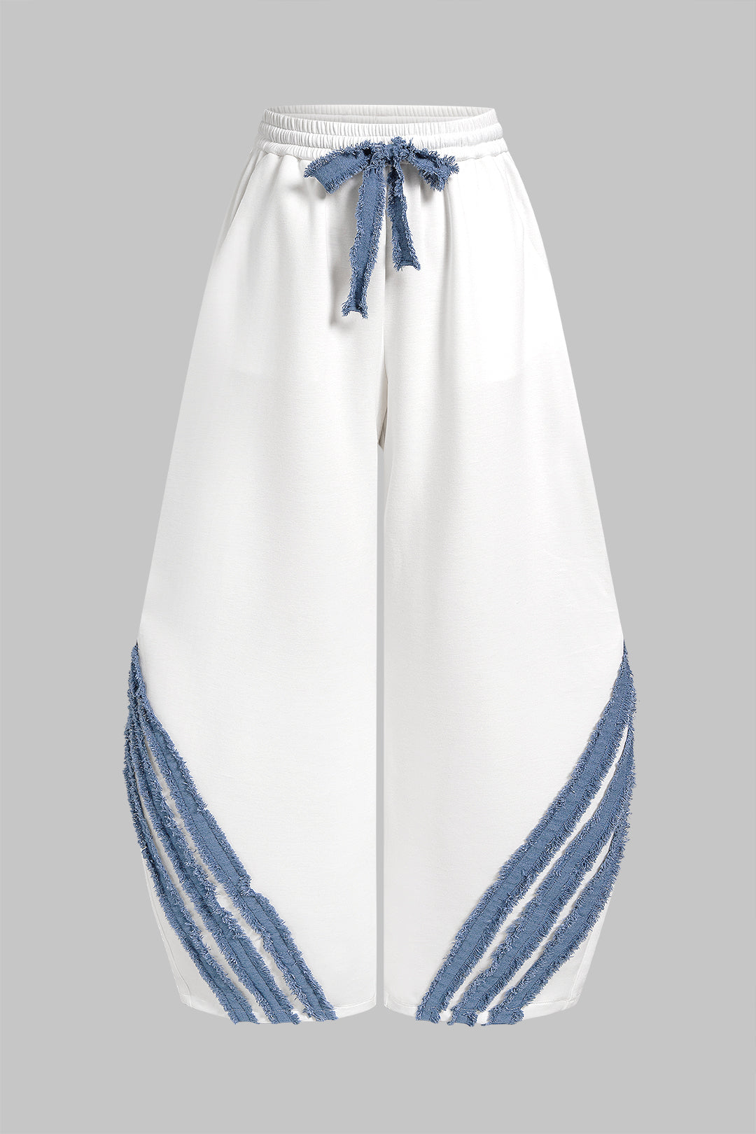 Striped Patchwork Denim Tie-Up Wide Leg Pants
