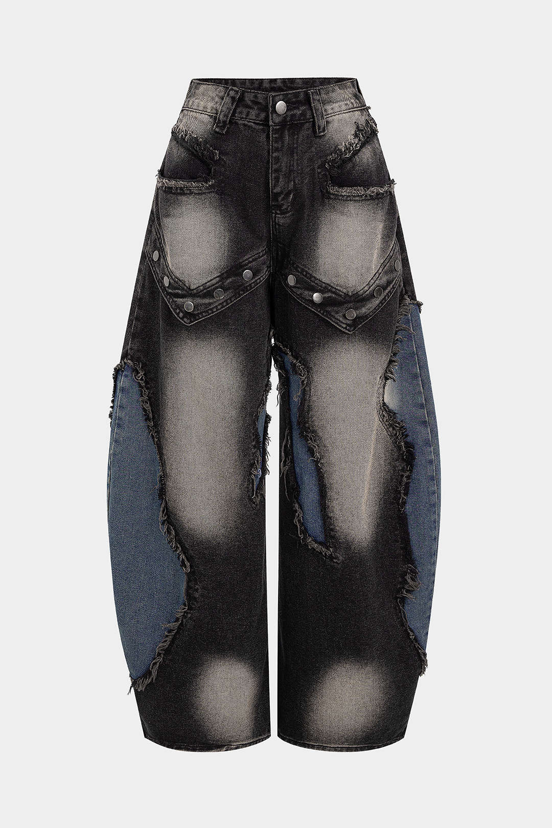 Denim Patchwork Frayed Rivets Straight-Leg Jeans