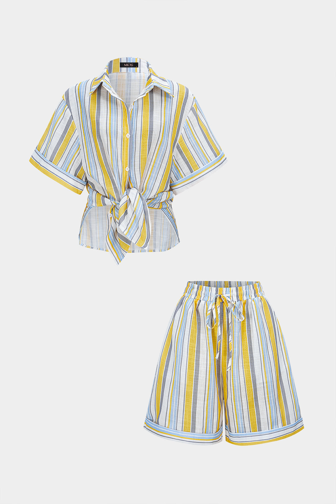 Stripes Print Tie-Up Short Sleeve Top And Straight Leg Shorts Set