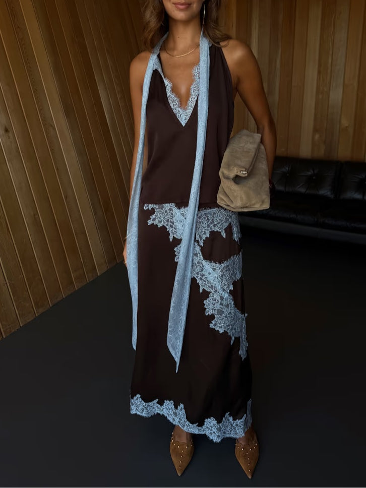 Chic Brown and Blue Lace Panel Top