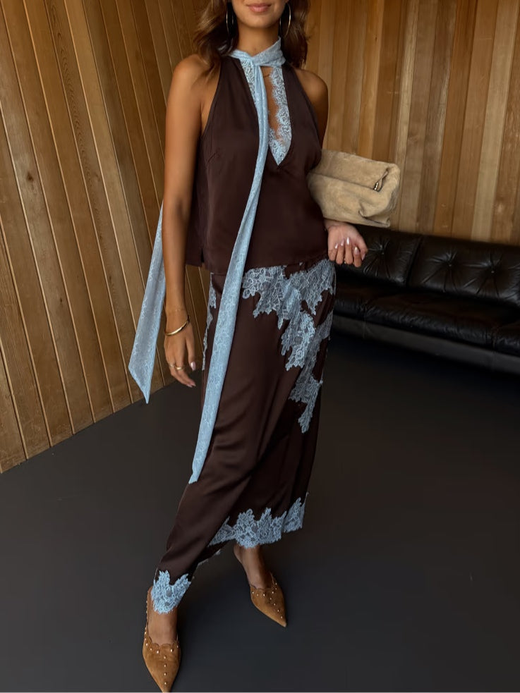 Chic Brown and Blue Lace Panel Top