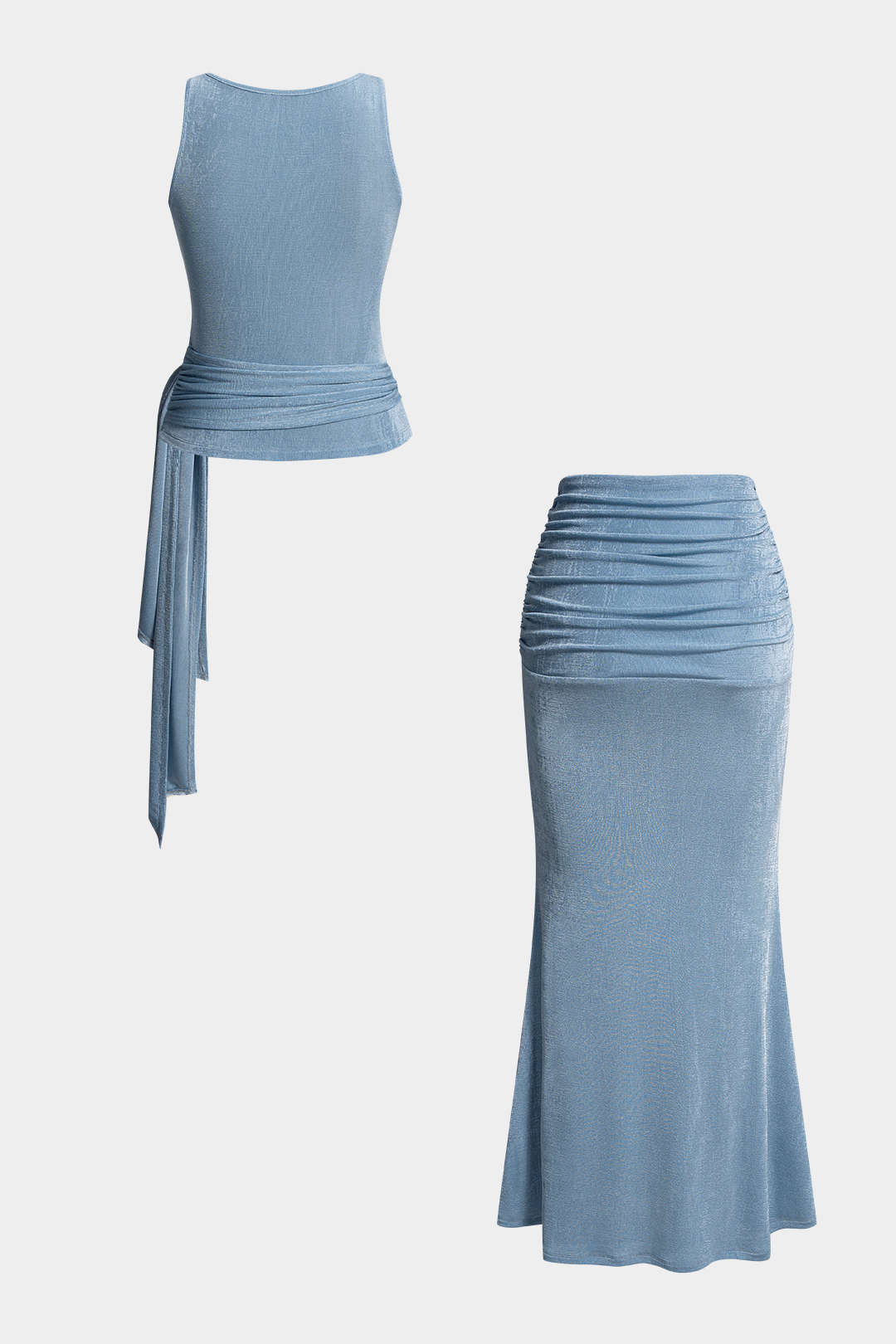 Round Neck Tie-Up Tank Top And Ruched Skirt Set