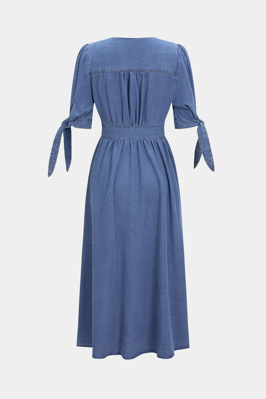 Denim V-Neck Ruched Button Tie-Up Short Sleeve Dress