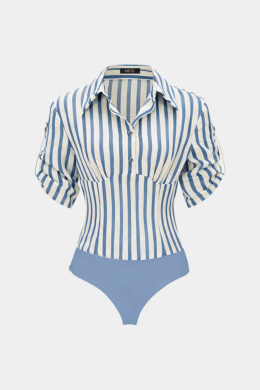 Stripes Print Button Patchwork Ruched V-Neck Short Sleeve Bodysuit