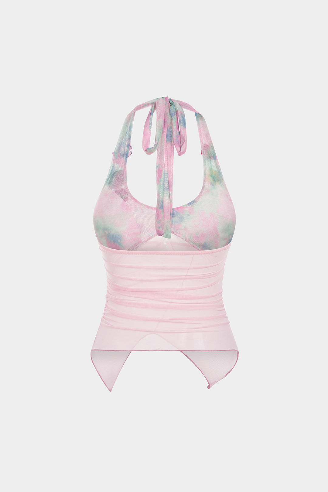 Tie Dye Print Mesh 3D Floral Halter Neck Tie-Up Cami Top