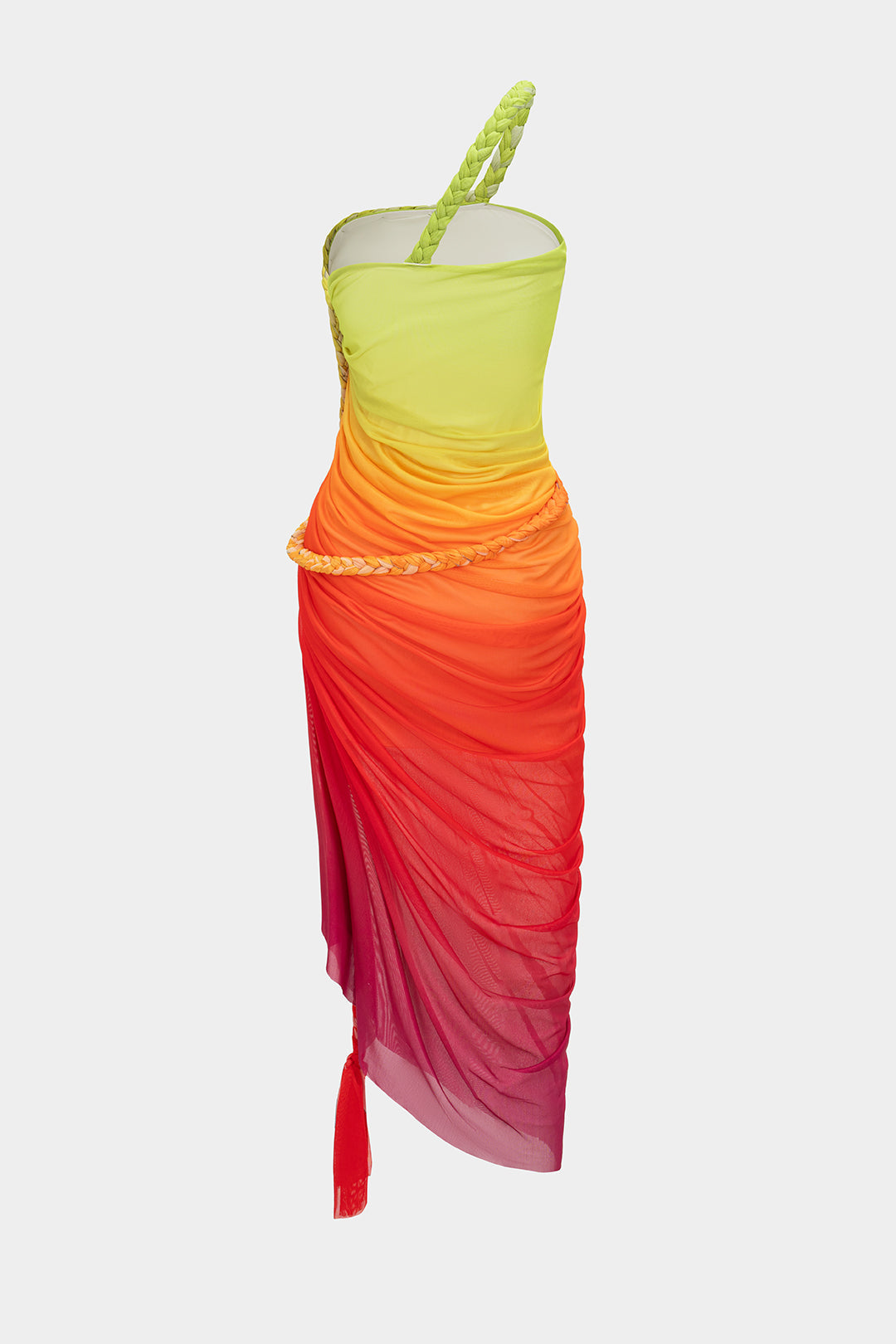 Ombre Print Mesh Braided Slit Sleeveless Midi Dress