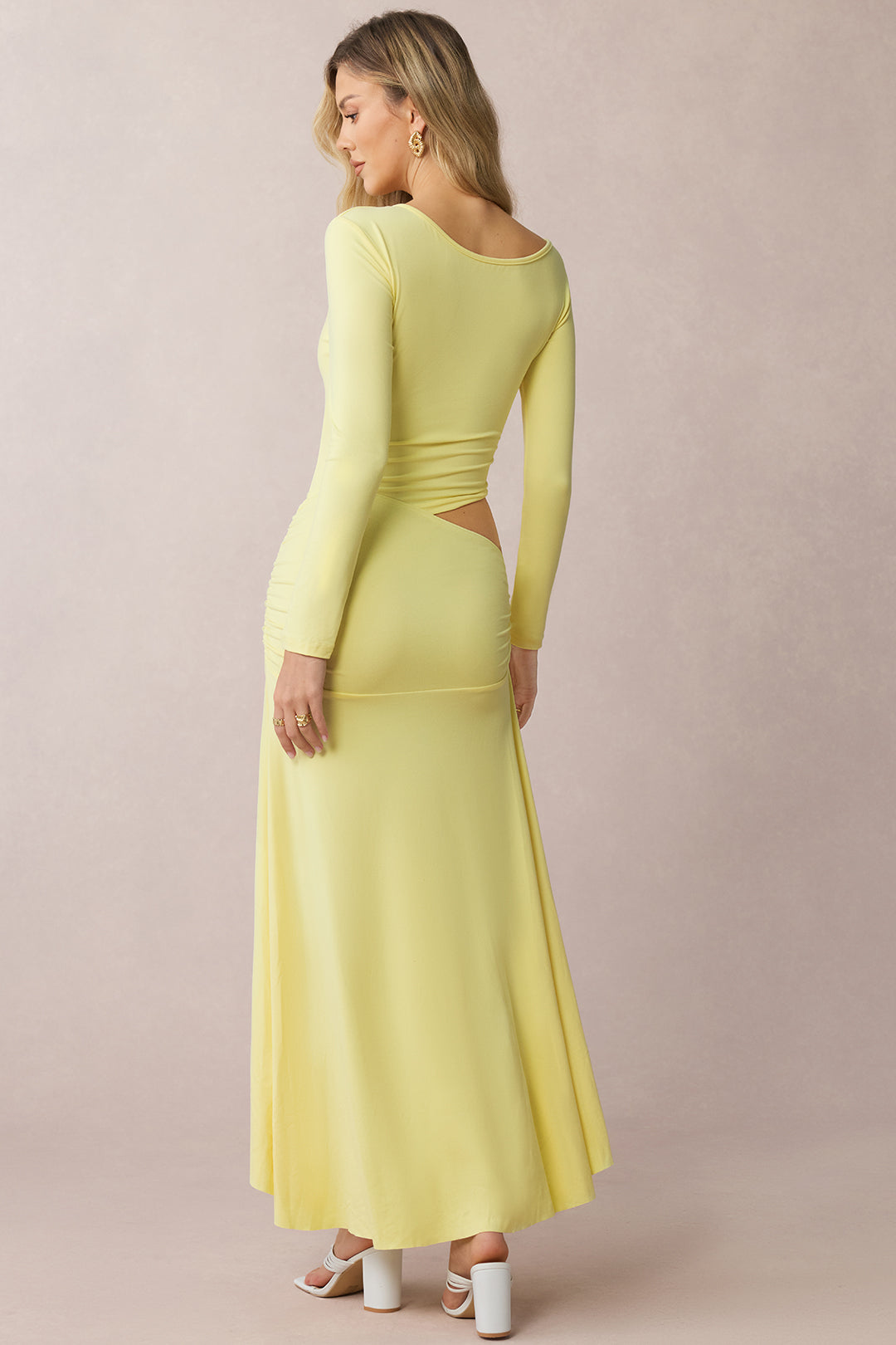 Cut Out Asymmetrical Ruched Long Sleeve Midi Dress