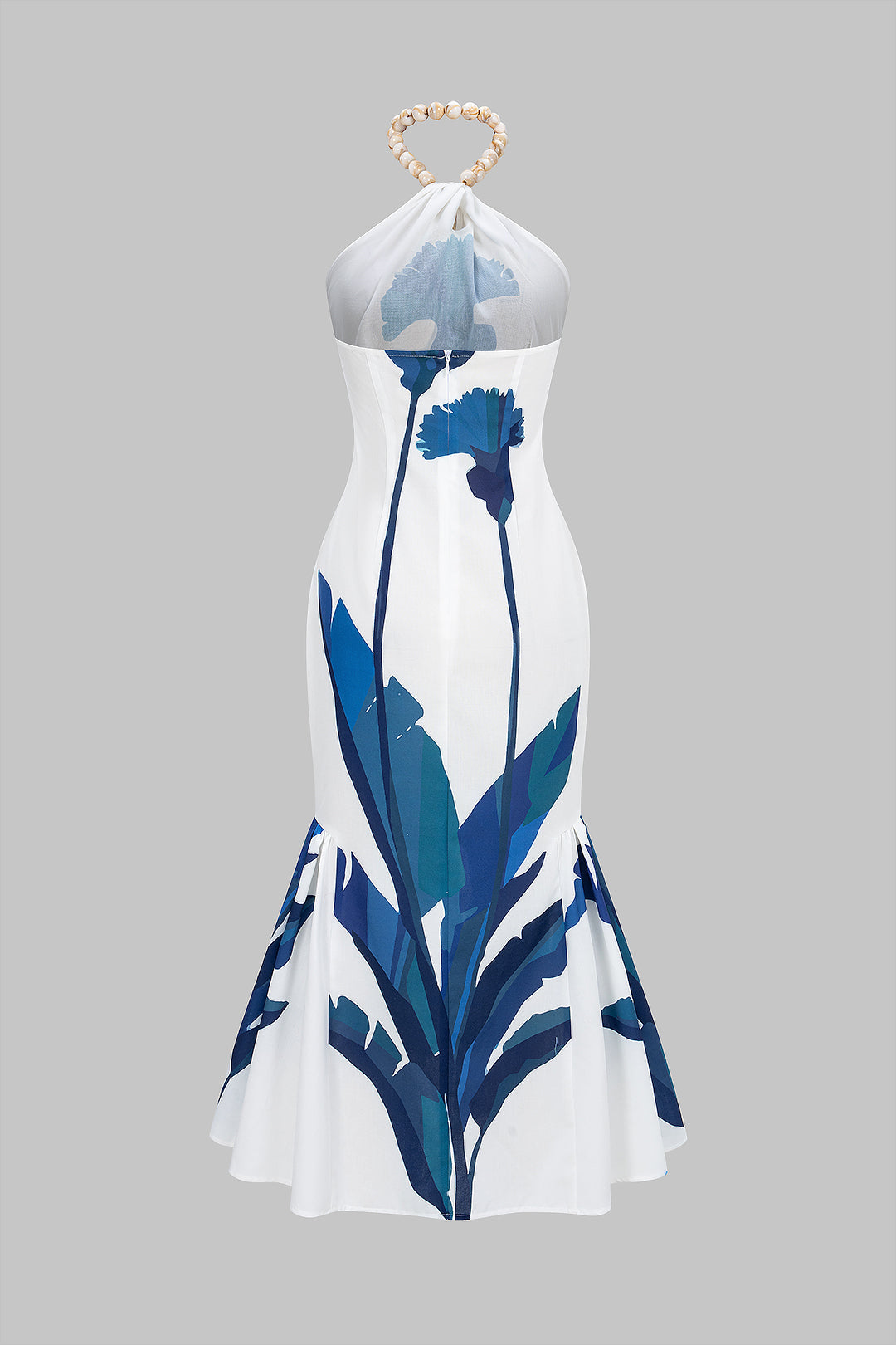 Branches Print Halter Neck Ruched Sleeveless Maxi Dress