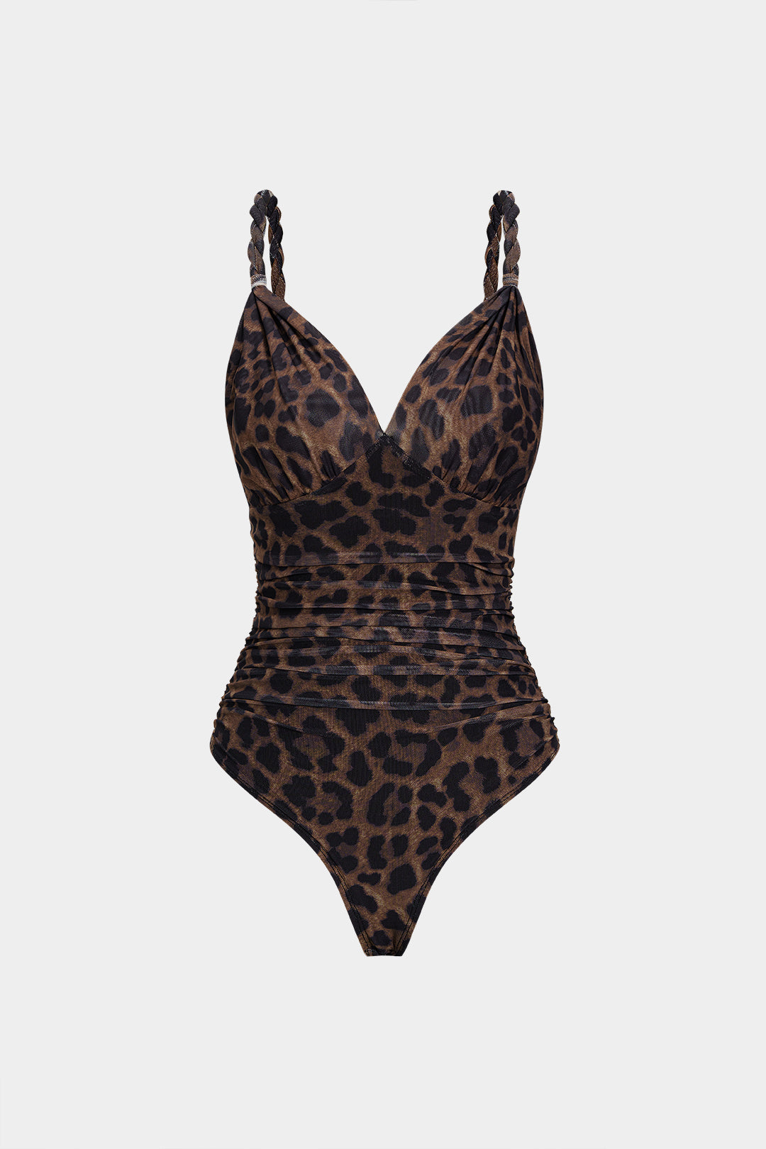 Leopard Print Mesh V-Neck Ruched Twist Knot Slip Sleeveless Bodysuit