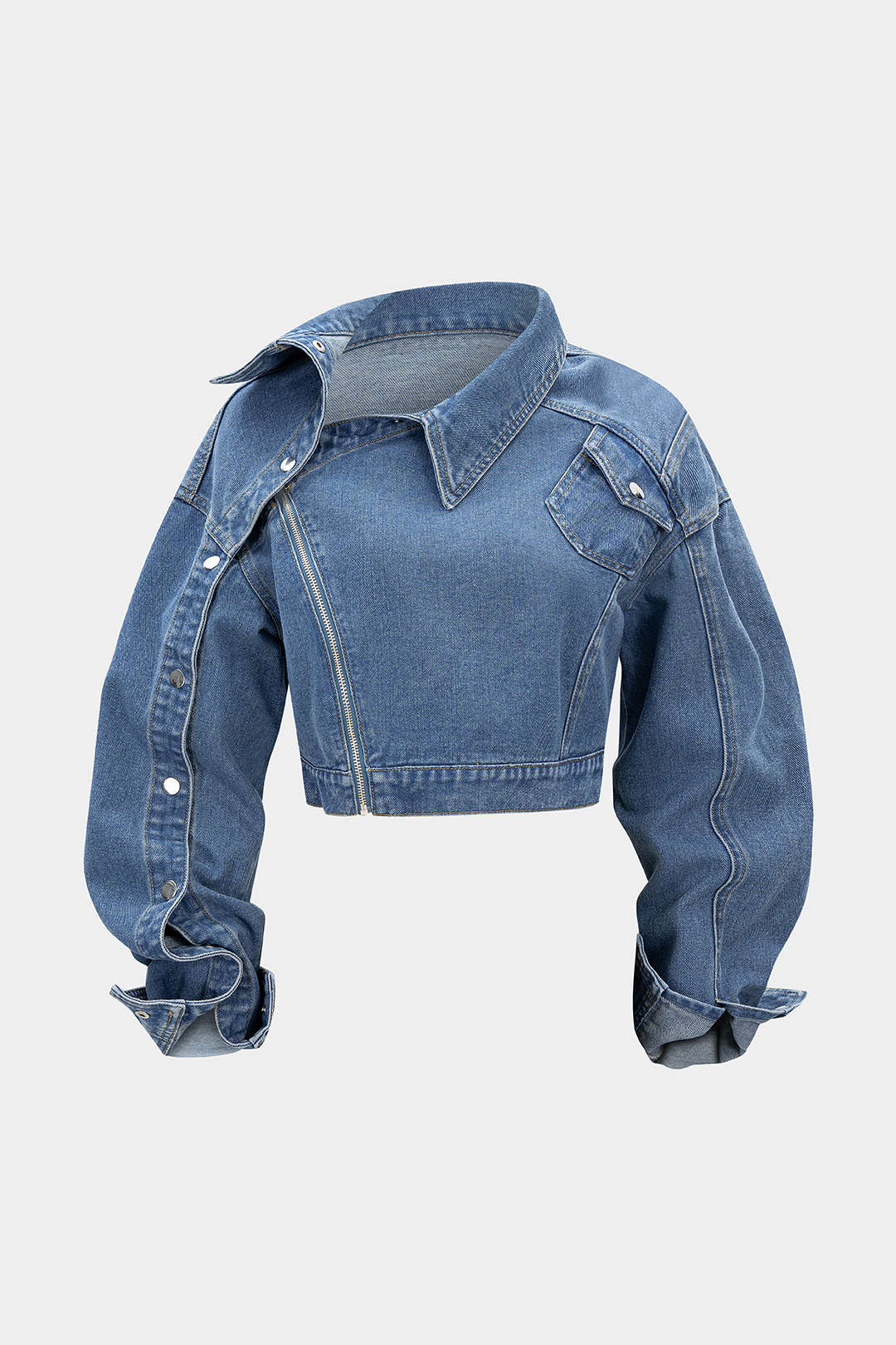 Denim Asymmetrical Zipper Long-Sleeve Top