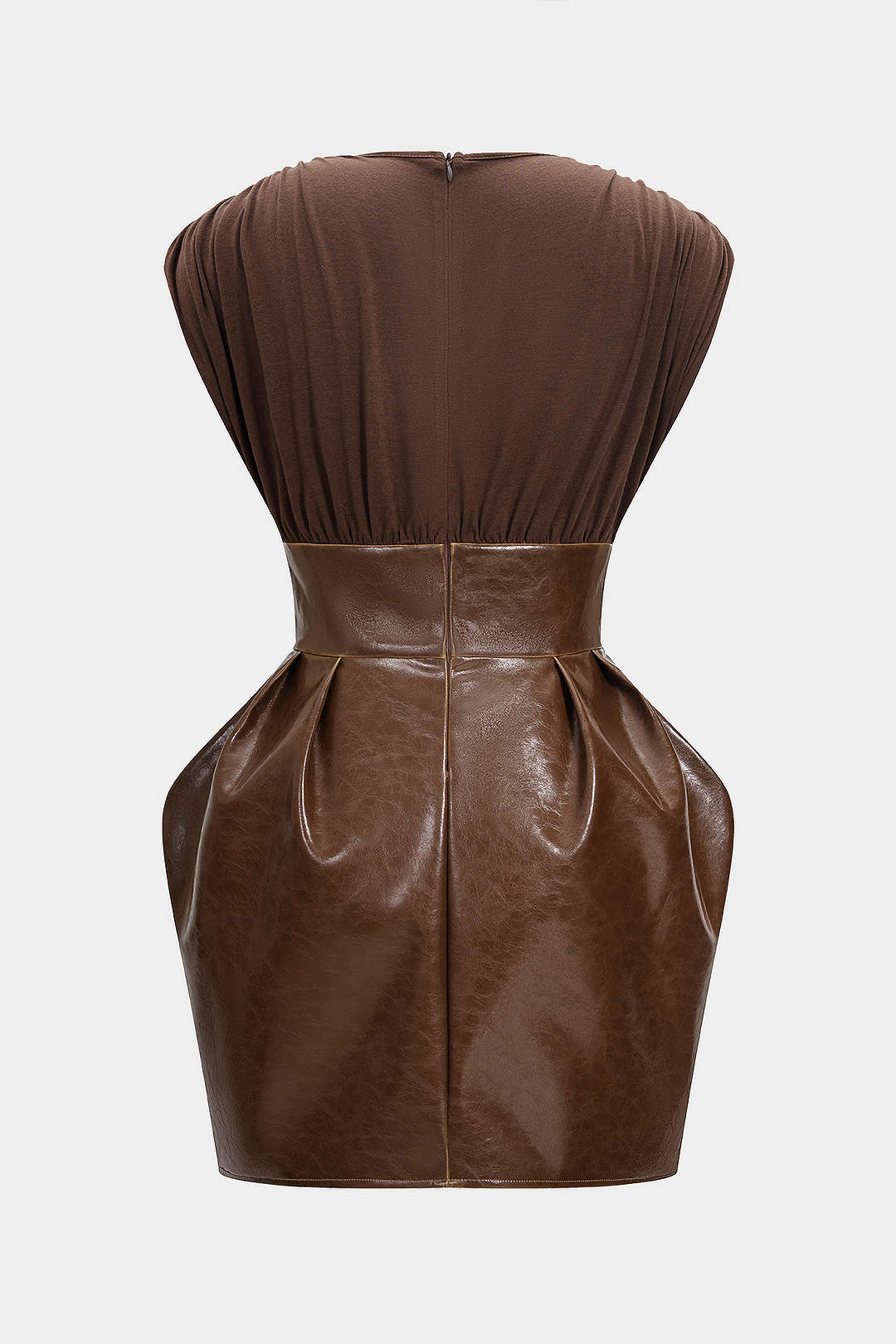 Faux Leather Patchwork V-Neck Ruched Sleeveless Mini Dress