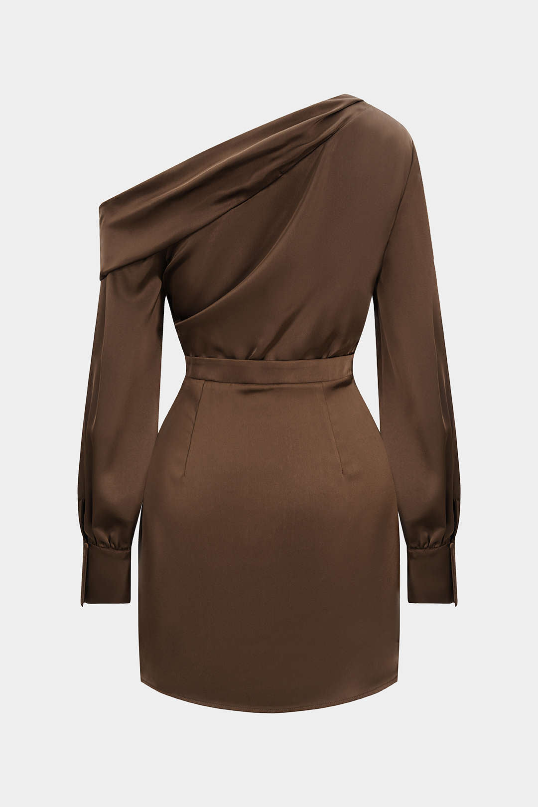 Satin Asymmetrical Neck Long Sleeve Mini Dress