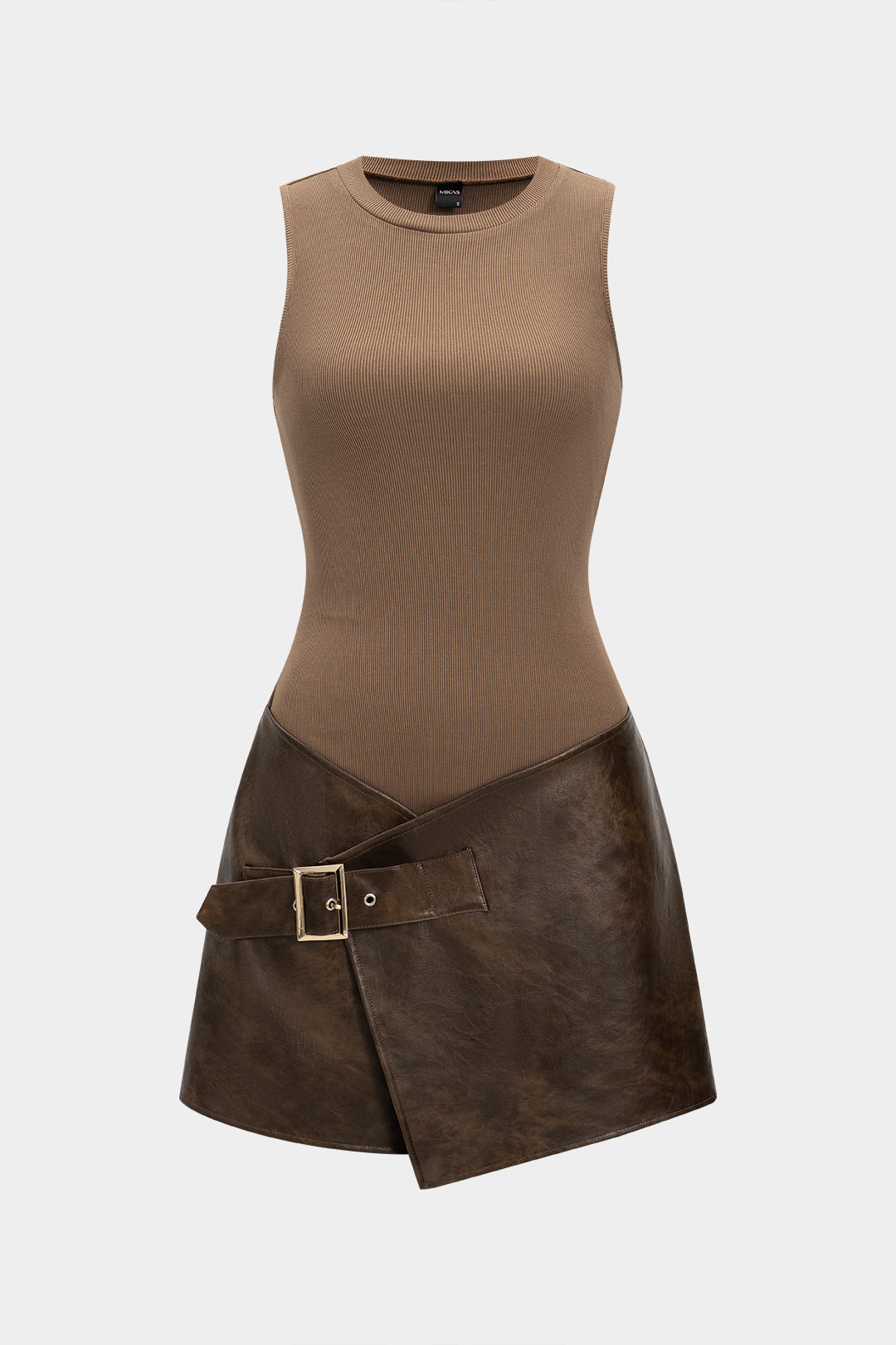 Faux Leather Patchwork Asymmetrical Sleeveless Mini Dress