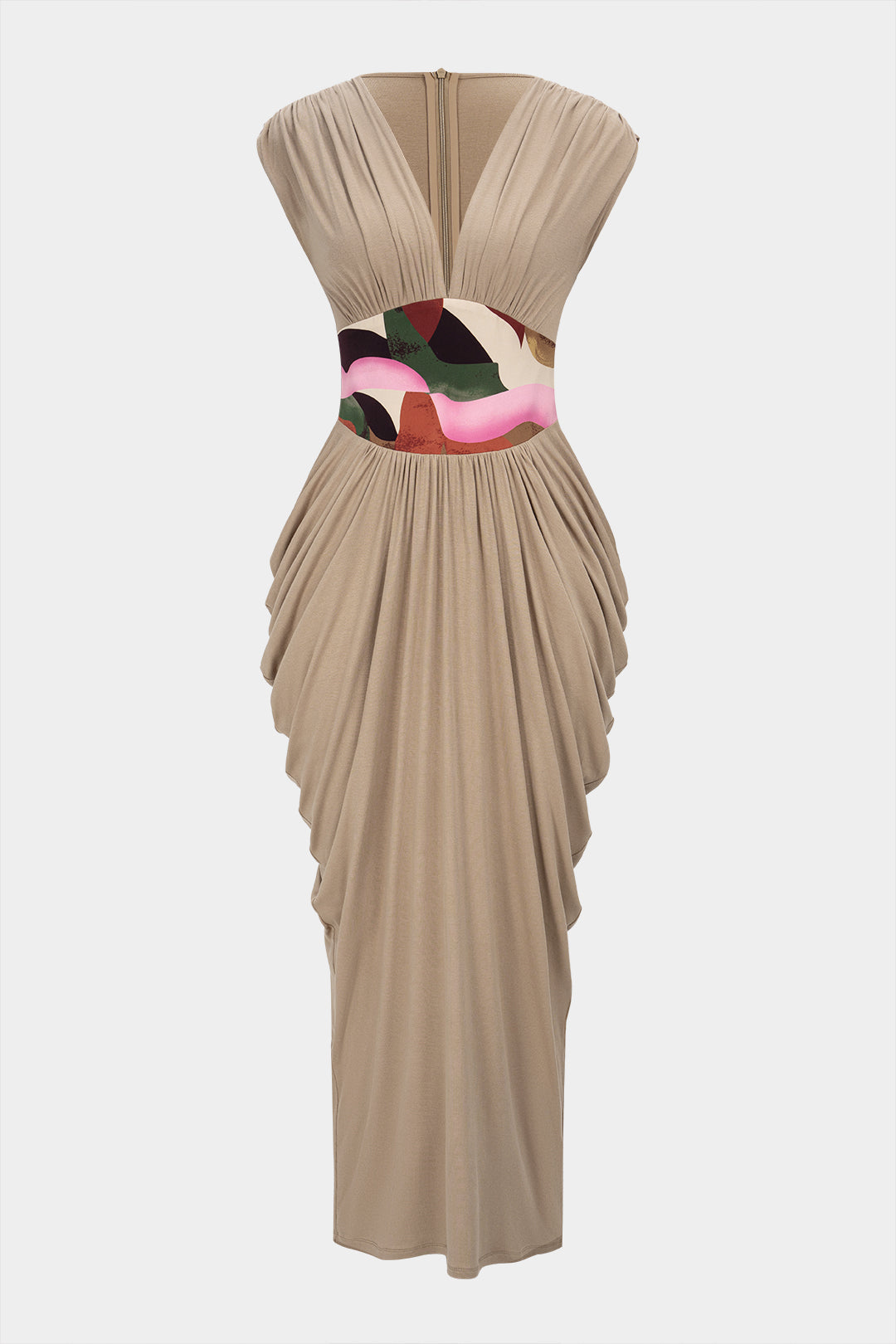 Abstract Print V-Neck Ruched Zipper Sleeveless Maxi Dress