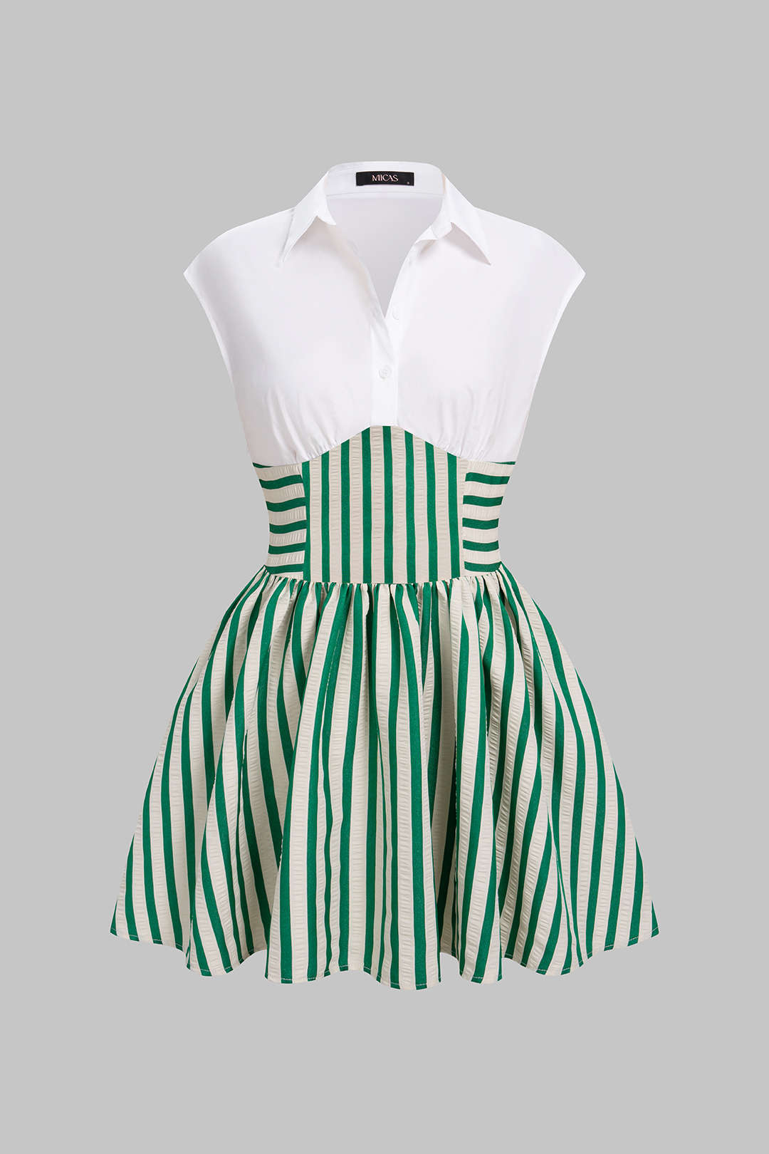 Striped Lapel Ruched Sleeveless Mini Dress