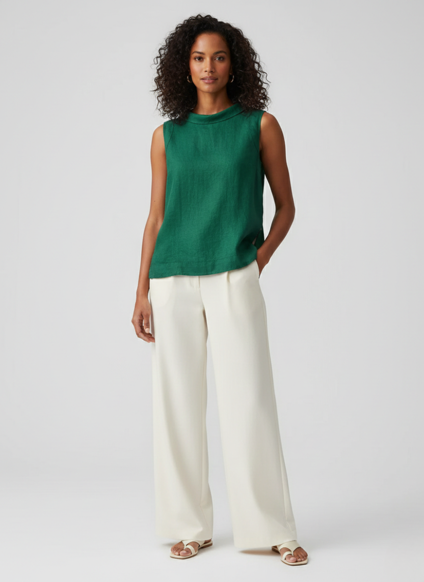 Linen Short-sleeved Blouse With A Round Neck