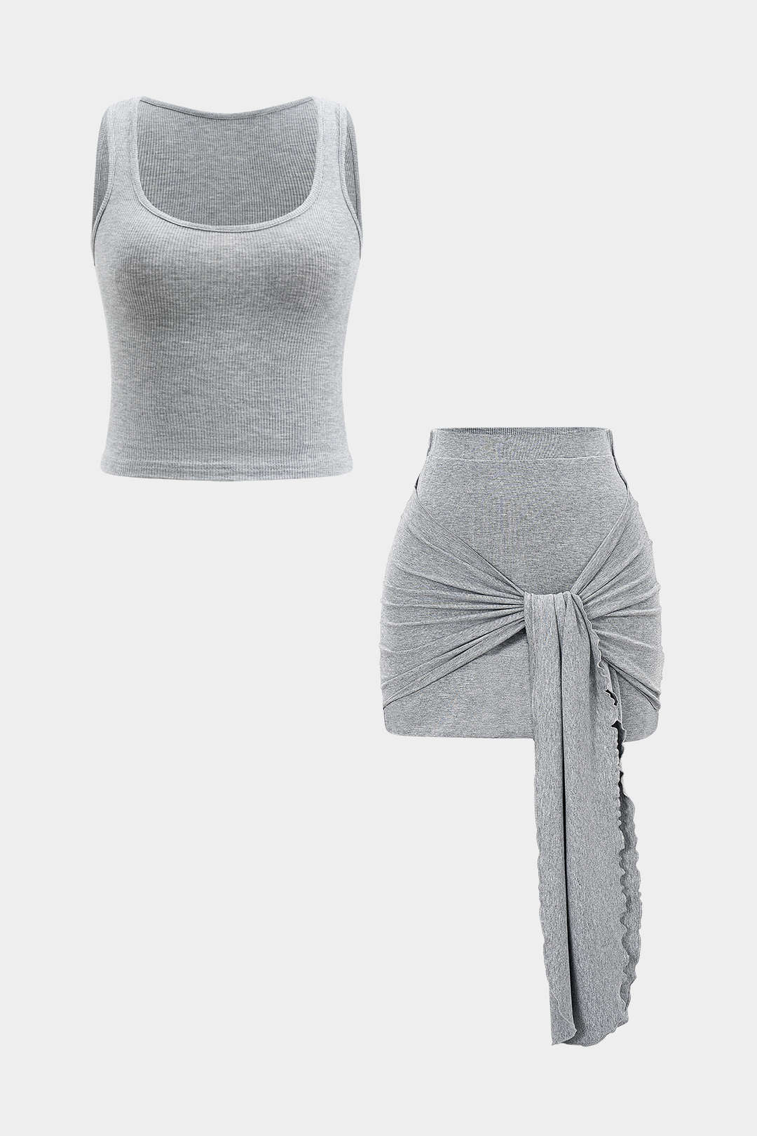 Solid Sleeveless Tank Top And Ruched Tie Front Skirt Set