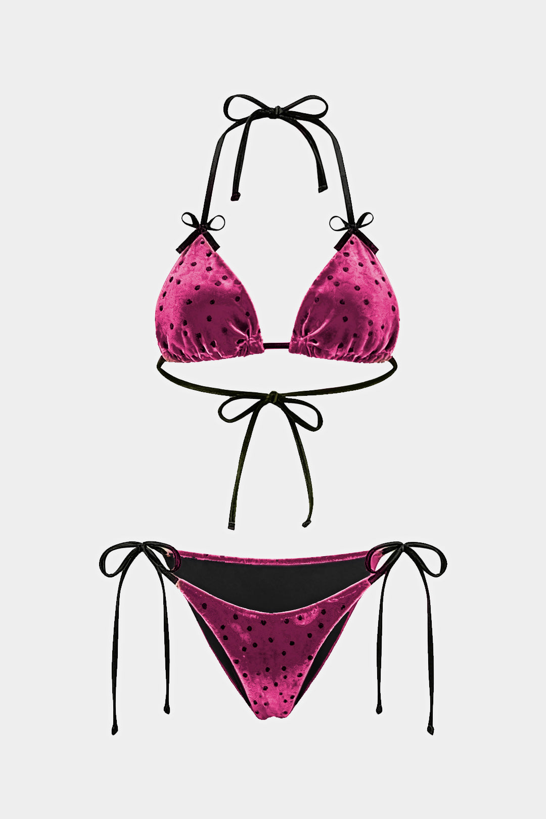 Polka Dots Print Velvet Bow Tie-Up Bikini Set