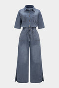 Denim Button Drawstring Pocket Short-Sleeve Jumpsuit