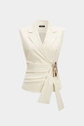 Notched Lapel Asymmetrical Metallic Ruched Vest