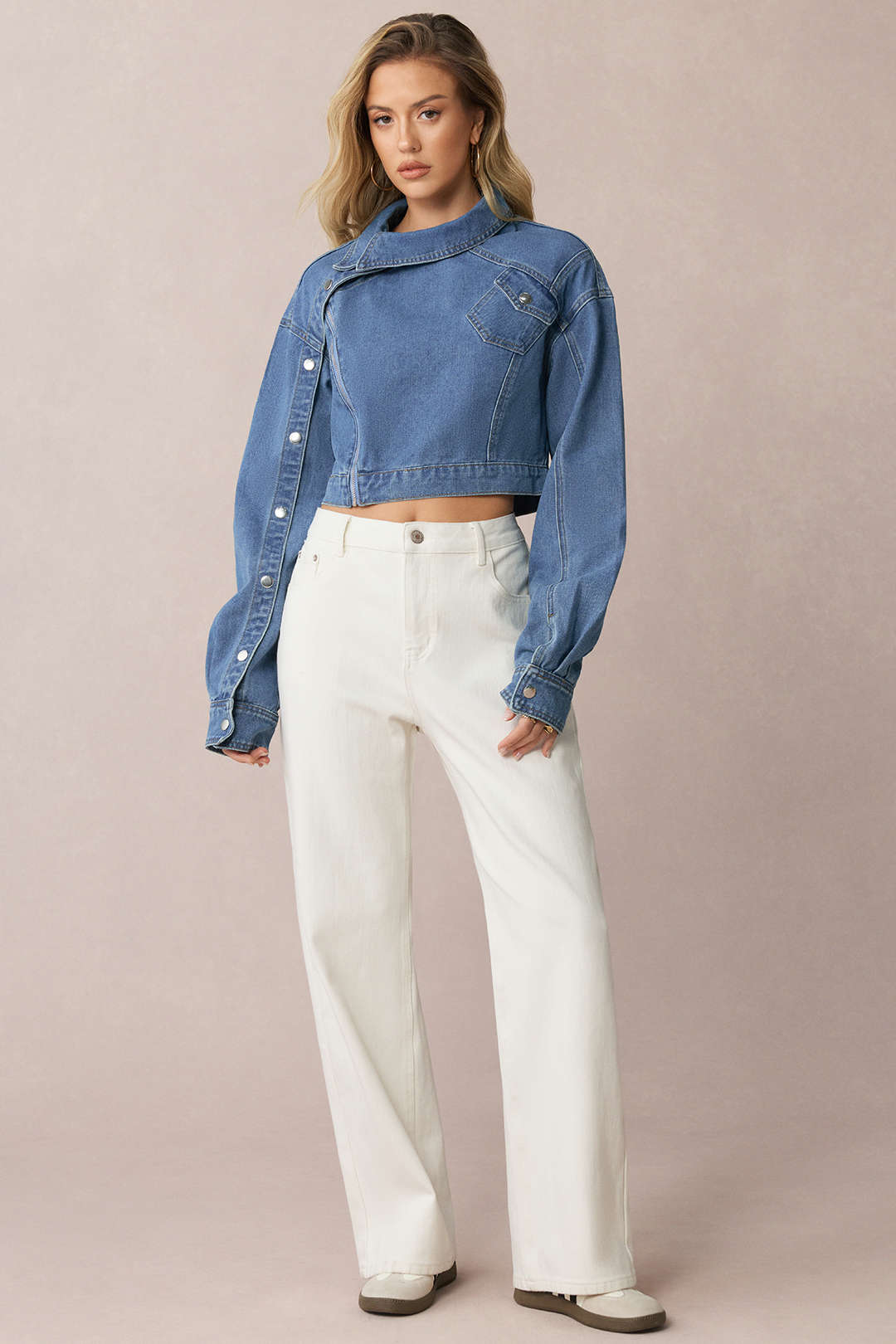 Denim  Asymmetrical Zipper Long-Sleeve Top