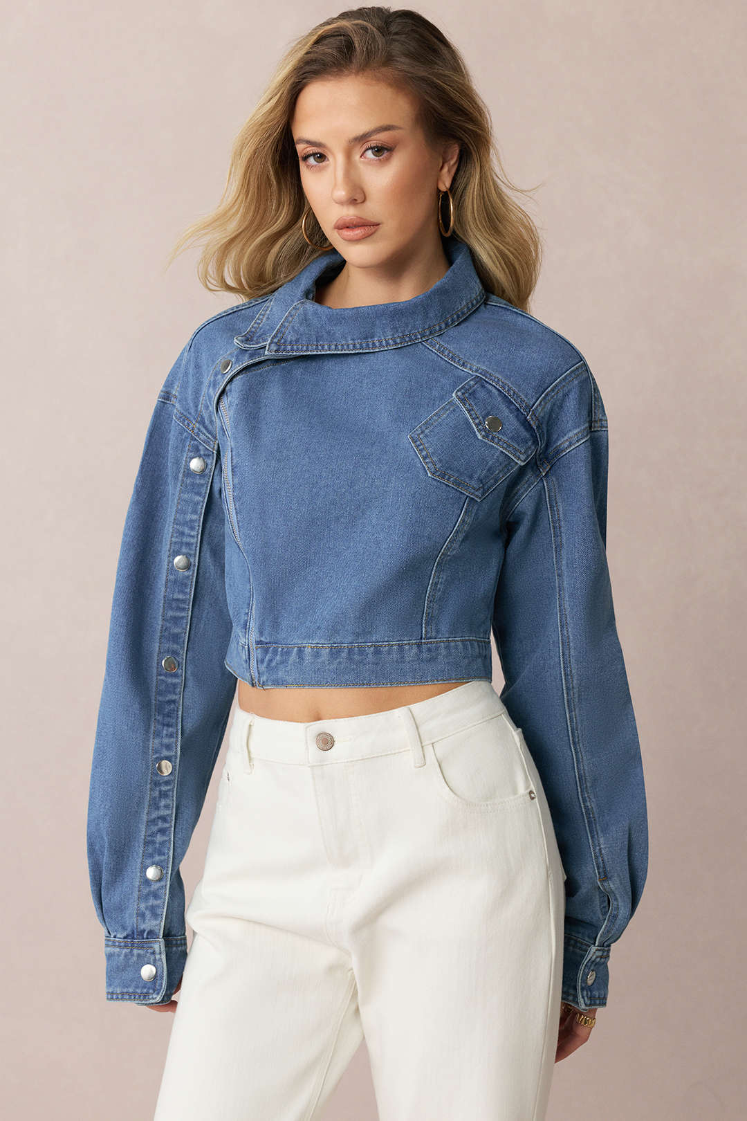 Denim  Asymmetrical Zipper Long-Sleeve Top