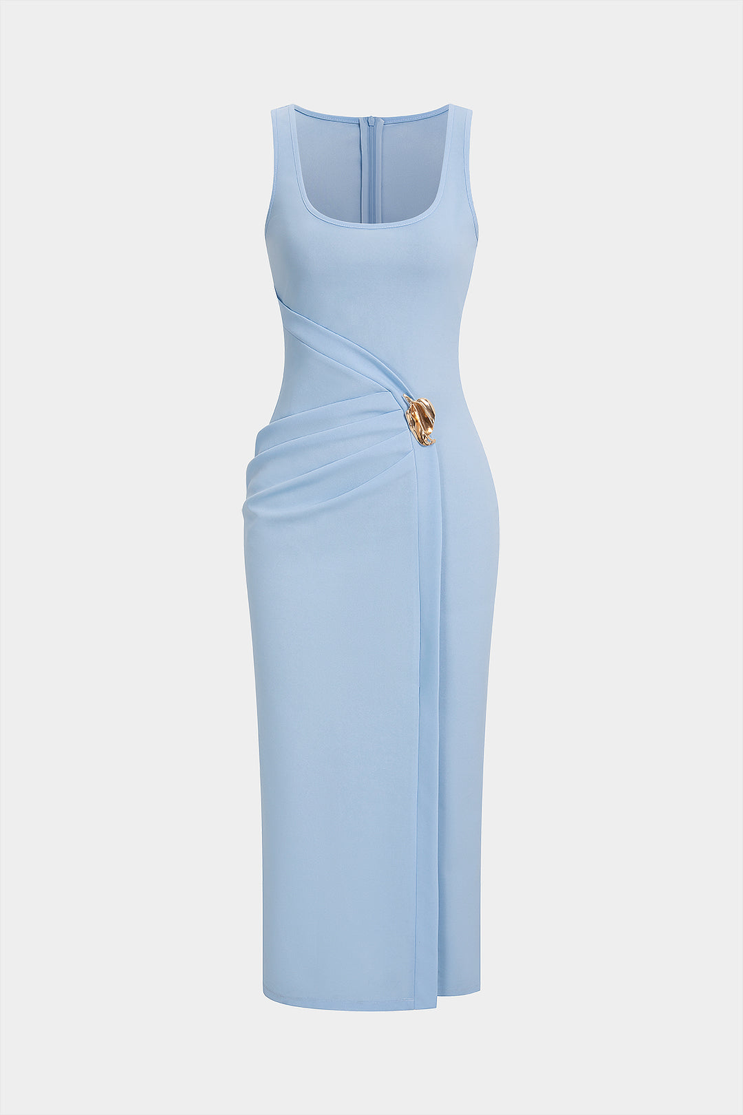 U-Neck Metallic Asymmetrical Ruched Zipper Sleeveless Midi Dress