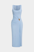 U-Neck Metallic Asymmetrical Ruched Zipper Sleeveless Midi Dress